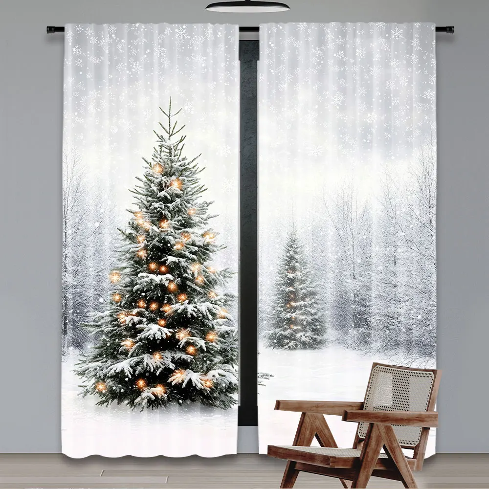 2Pcs Christmas Curtain Natural Winter Forest Snowflake Snowfall White Snow Tree Home Party Decoration Modern Simplistic Drapes A