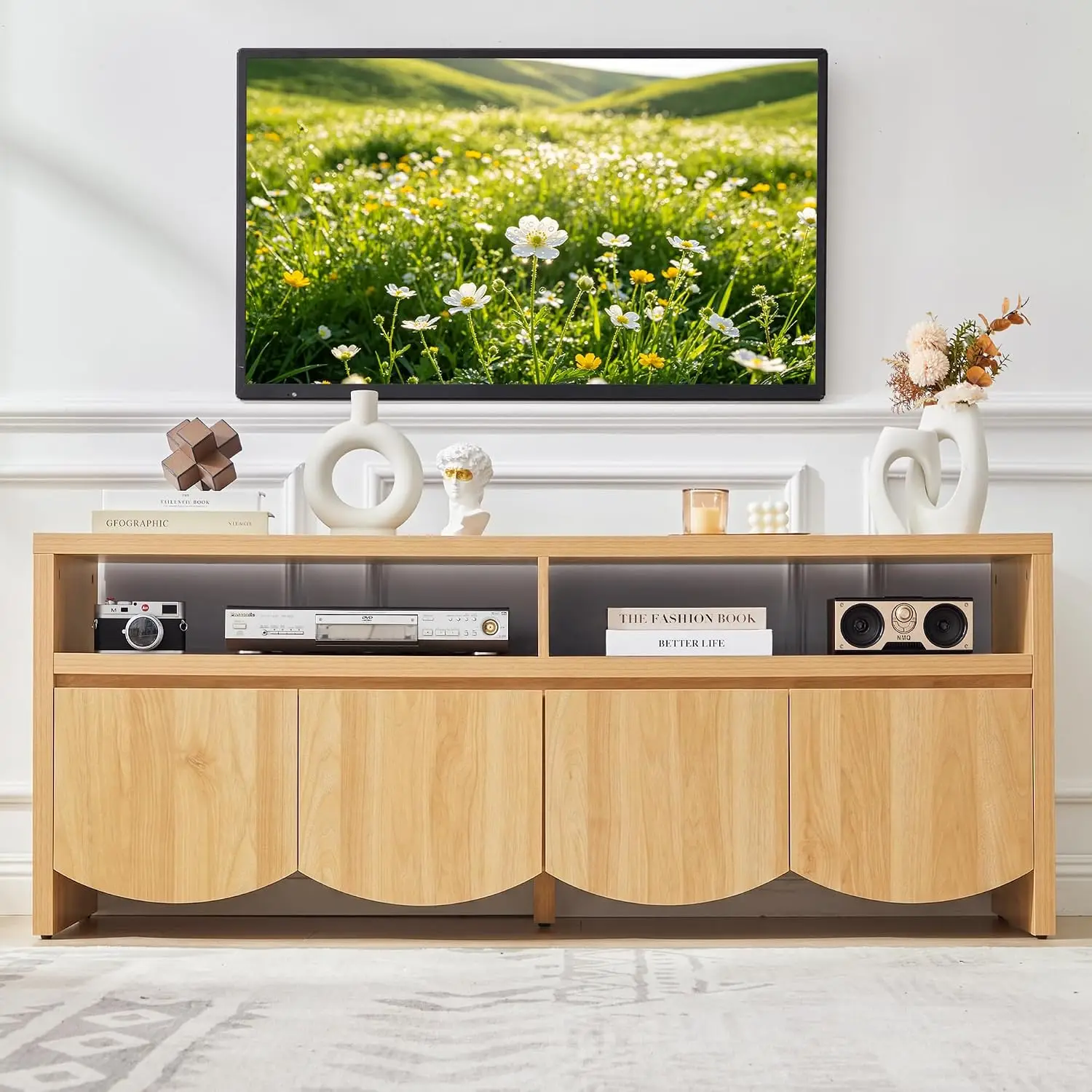 Farmhouse TV Stand Entertainment Center 70 Inch 4 Storage Cabinet Open Shelves Durable Living Room, Customized