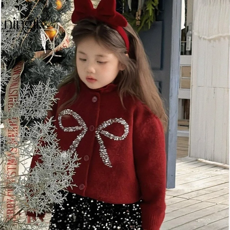 

Girl Sweater Autumn Winter New 2024 Glitter Bow Thickening Knitting Fashion Loose Coat Casual Simple Fashion Sweet Korean Active