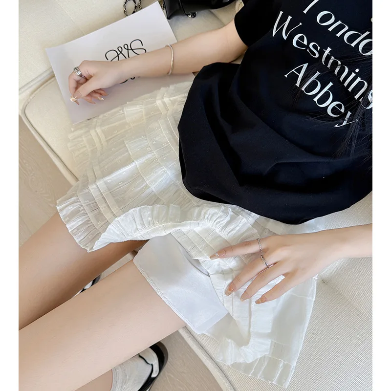 

White Dot Lace Short Skirt for Women, Summer New Ballet Style Slimming Cake SkirtaHigh Waist Puffy Midi Skirt