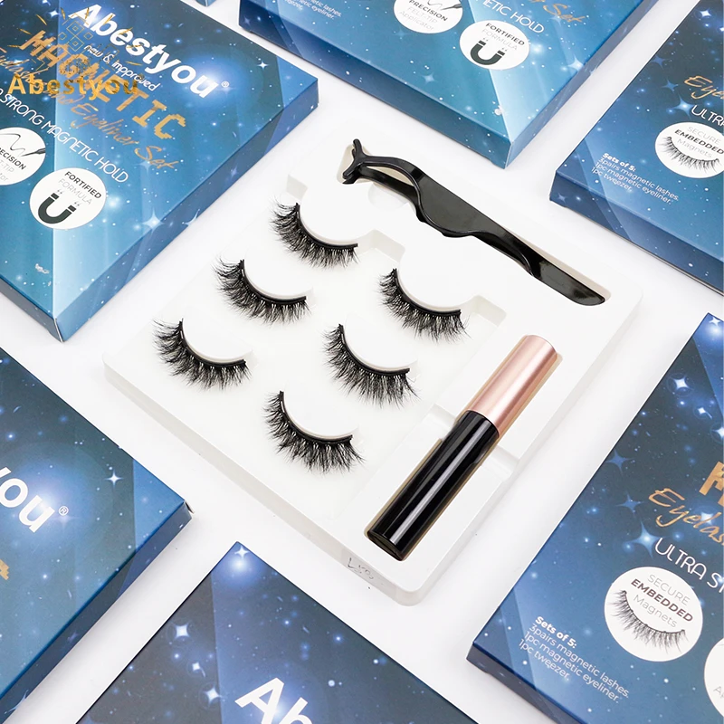 Abestyou 3pairs 5d Micro Guantum Magnet Mink Eyelashes Cat Eye False Lashes Waterproof Magnetic Liquid Eyeliner With Tweezer Kit