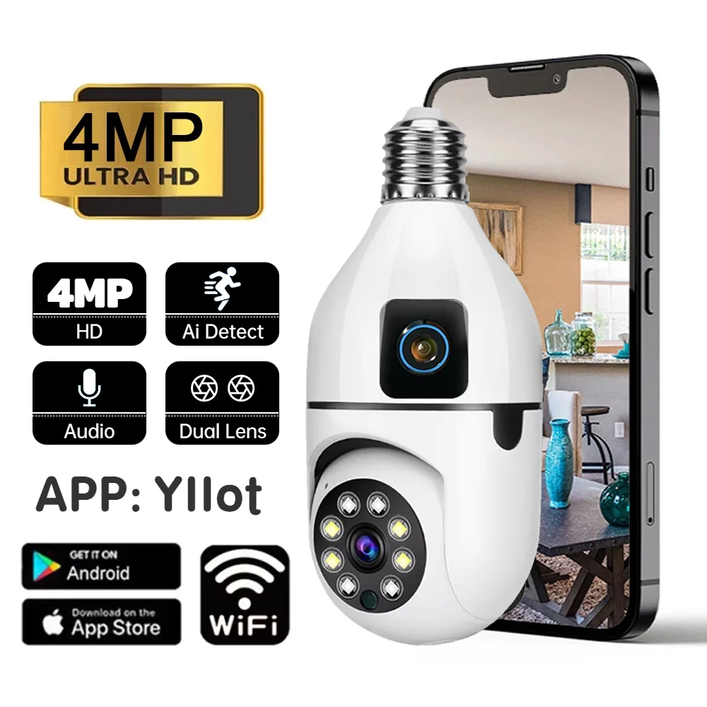 

4MP E27 Bulb WIFI Camera security protection Dual Lens Indoor Surveillance Human Tracking Two-way Audio Cameras Night Vision