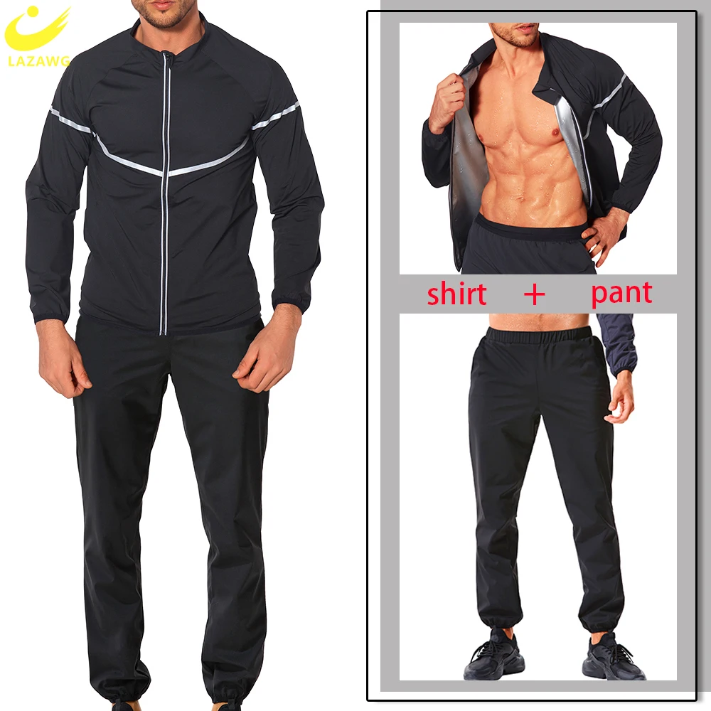 LAZAWG Men Sauna Suit Sweat Set Slimming Leggings Top Weight Loss Jacket Pant Workout Trousers Fitness Fat Burner Zipper Thermal