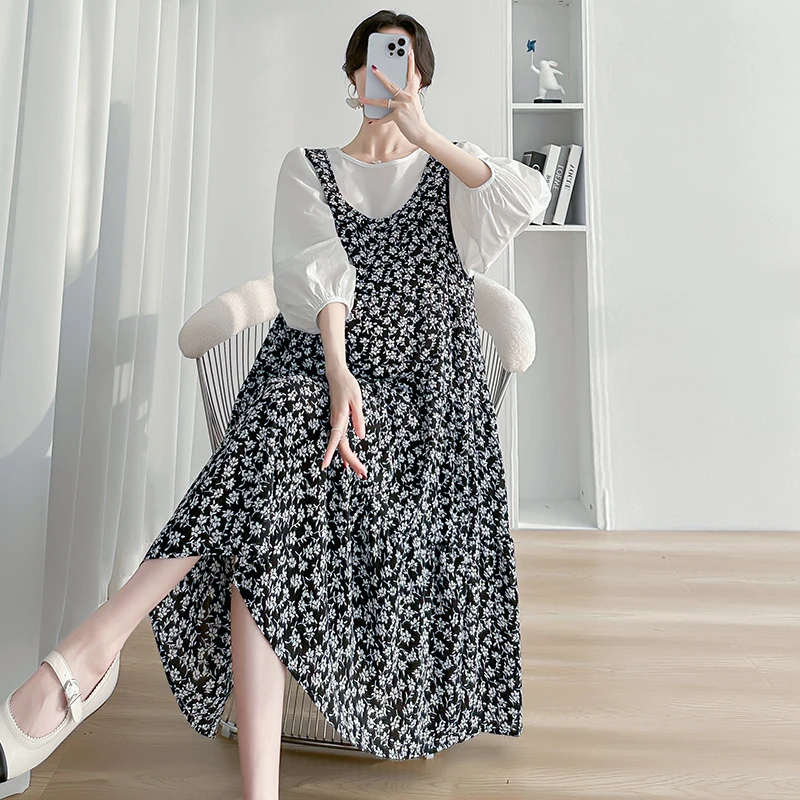 

Korean Style Pregnant Woman Loose A-line Floral Dress with White Shirts Two-piece Set Plus Size Maternity Clothes Set Dress Suit