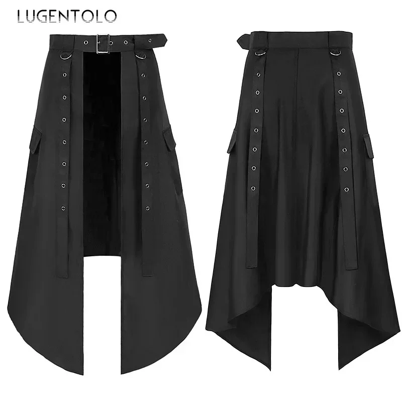 Men Dark Rock Skirt Punk Steam Gothic Party Fashion Solid New Large Size Men\'s Personality Black Rivet Asymmetric Half Skirts