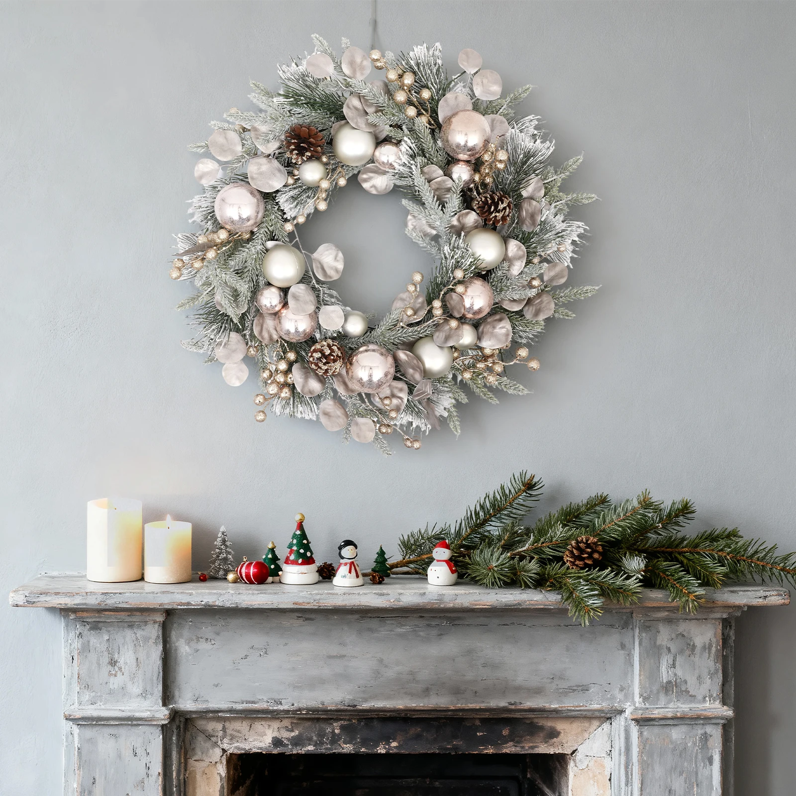 

Lush Mixed Pine Christmas Wreath with Shatterproof Ornament Balls All-Weather Outdoor & Indoor Front Door Decoration for a Fest
