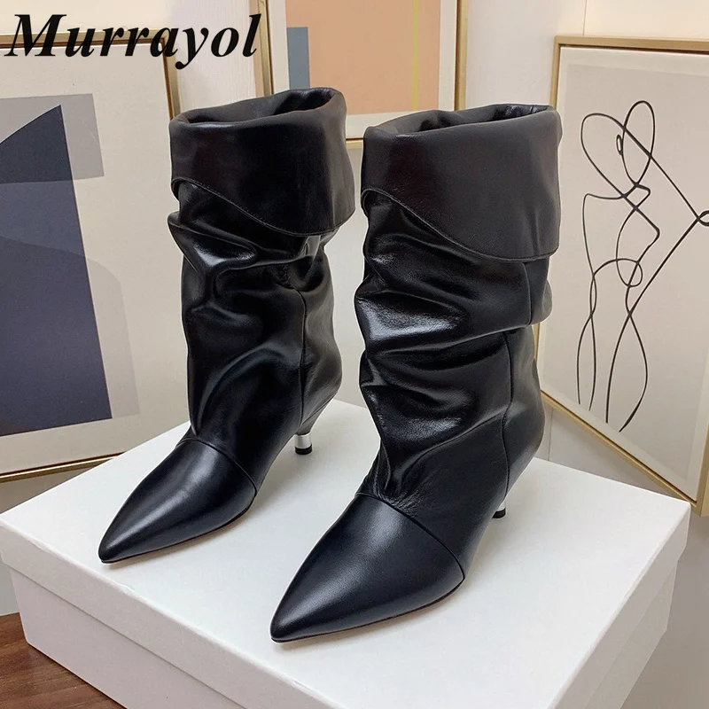 

Wrinkle Design High Heels Modern Boots Women Pointed Toe Genuine Leather Mid-calf Boots Spring Autumn Fashion Runway Boots