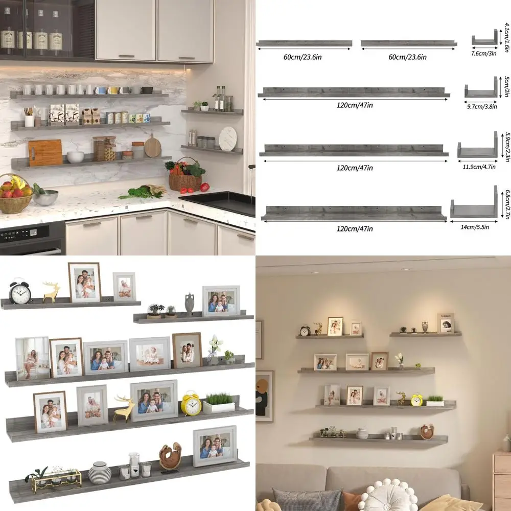 

Set of 5, 47 Grey Wooden Floating Shelves - Wall Storage & Decor for Home
