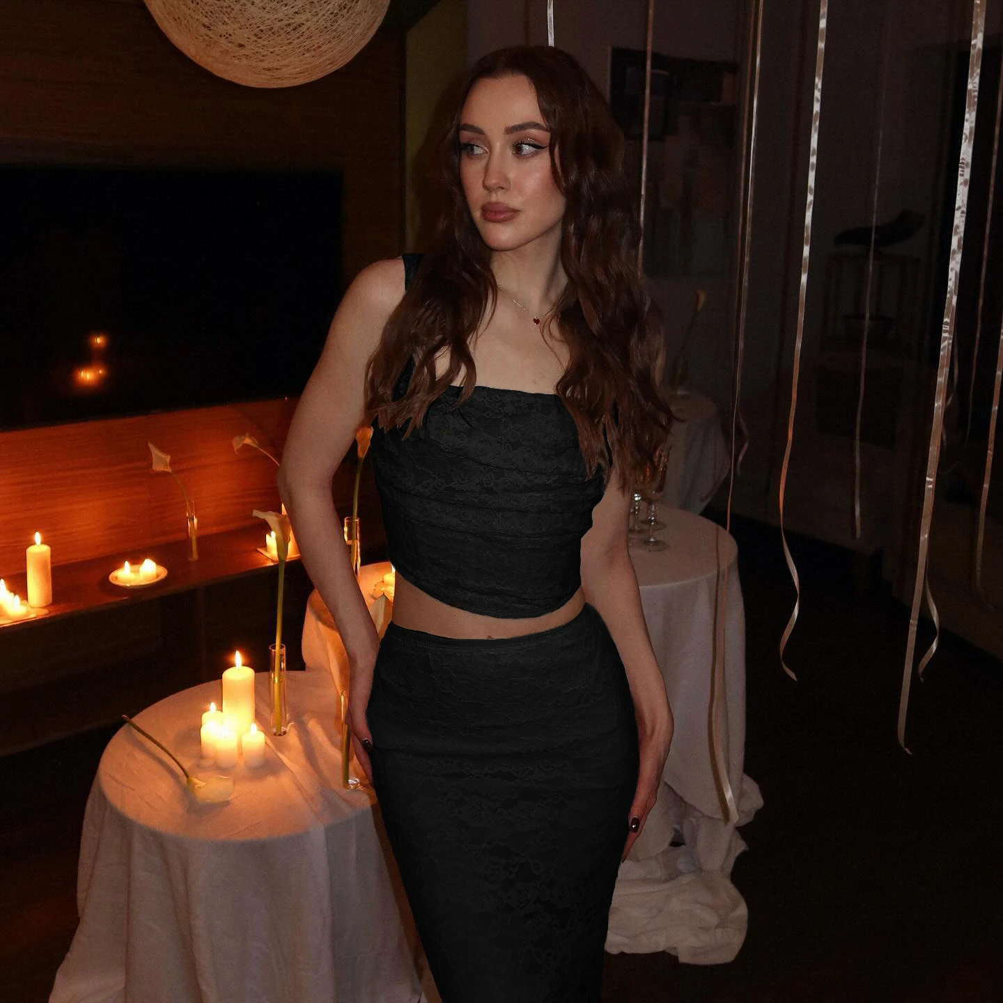 Oligai Elegant Summer Matching Sets 2025 Maxi White Lace Drawstring Dress Elegant Top and Maxi Skirt Set for Party