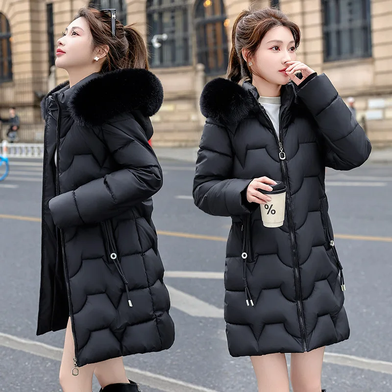 Women Mid Lenth Parkas Coat Hooded Oversize Jacket Solid Zipper Fur Collar Full Sleeve Slim Thick Office Lady Casual 2025 Winter