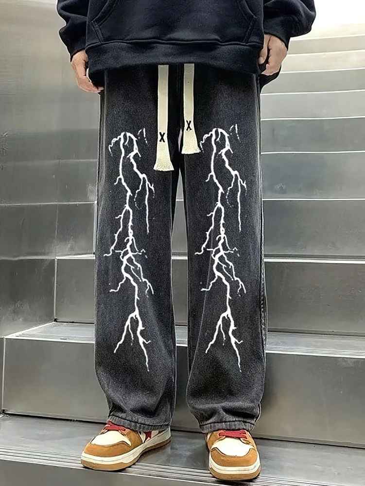مطبوعة الأسود فضفاض الجينز السراويل الرجال مستقيم كبير الحجم الرسم عادية واسعة الساق الدنيم السراويل الطويلة الكورية الرباط Sweatpants #6