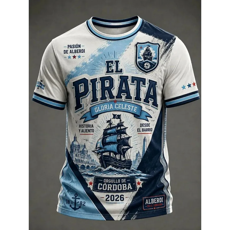 2026 Vintage Pirate Ship Graphic 3D Print Football Jersey El Pirata Gloria Unisex Short Sleeve Casual Sports Streetwear T-shirt
