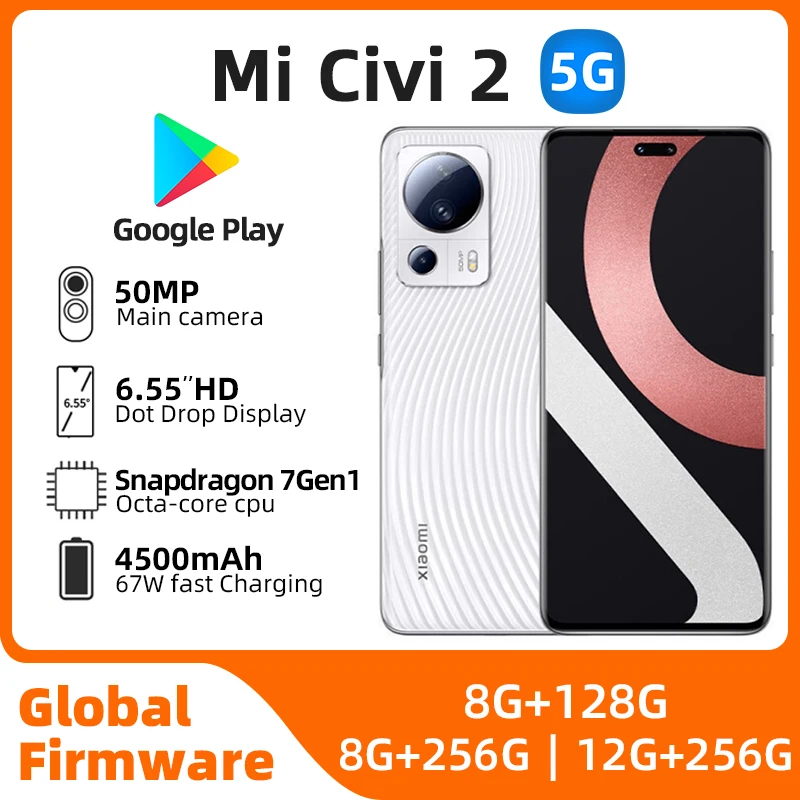 샤오미 CIVI 2 안드로이드 5G 잠금 해제 휴대폰, 6.55 인치, 8GB RAM, 256GB ROM, 모든 색상, 좋은 상태, 정품 중고