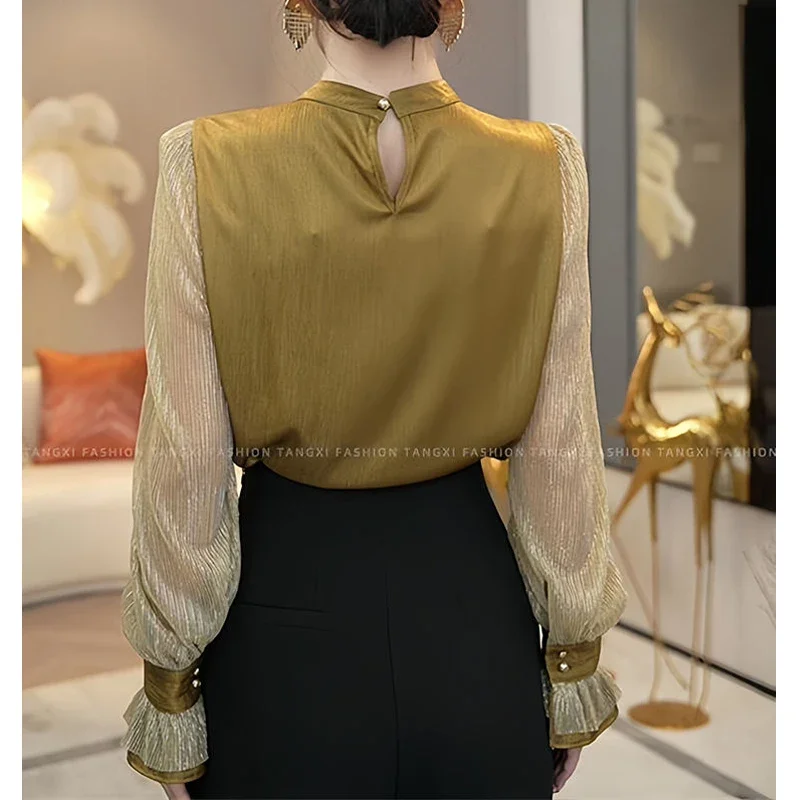 Women Luxury Trendy Ruffles Lace Patchwork Shirt Office Lady Vintage Elegant Harajuku Hollow Blouse Long Sleeve Loose Tops