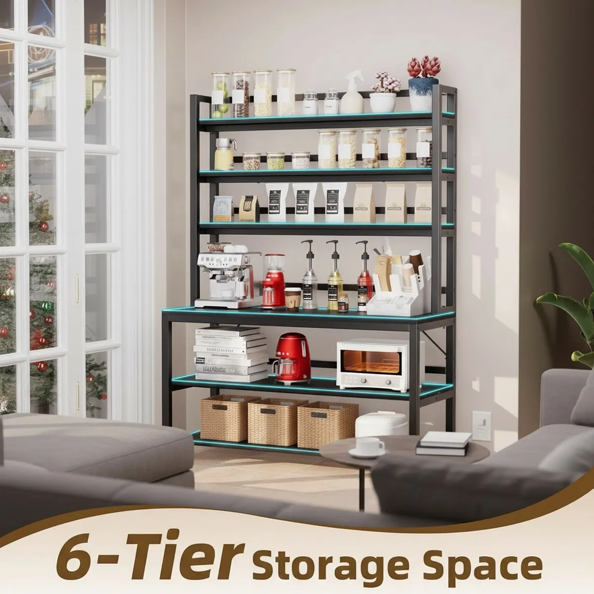 47 Inch Wide 6 Tier Kitchen Storage Rack Freestanding Bakers Shelf Organizer Black Metal