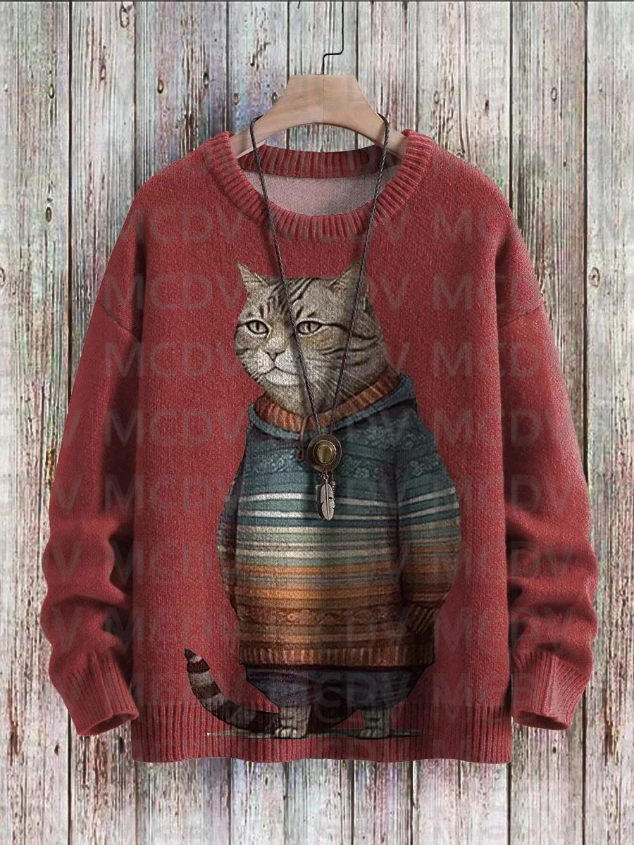 Cute Winter Cat Art Pattern Print Casual Knit Pullover Sweater Men\'s For Women\'s Pullover