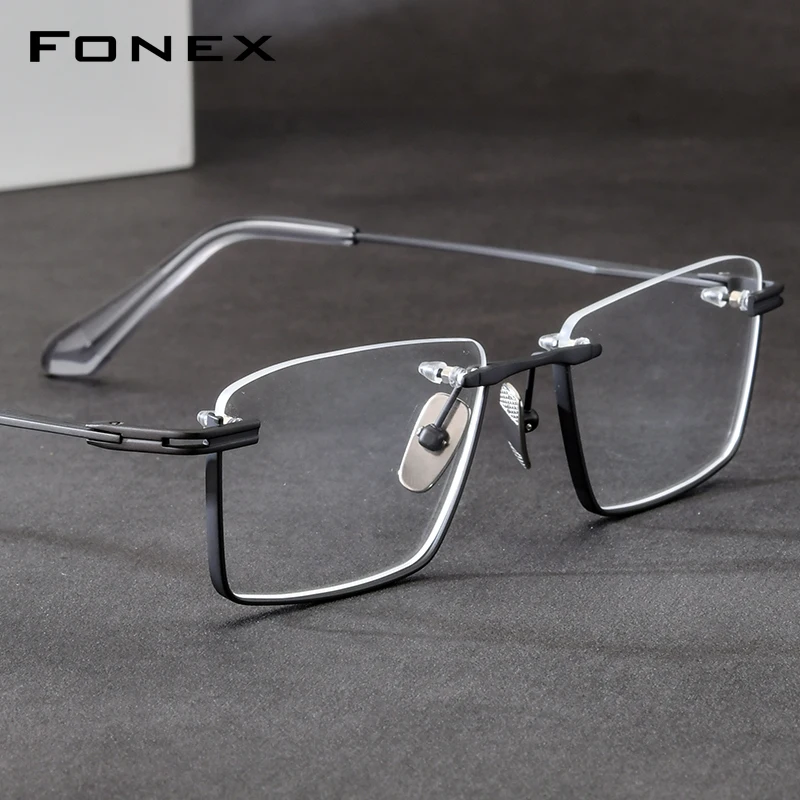 FONEX Titanium Eyeglasses Frame Men Brand Design Square Semi-Rimless Glasses Half-Rim Ultralight-Weight Japanese Eyewear DTX416