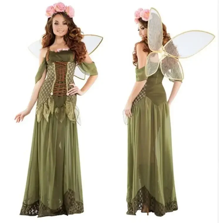 Adult Women Angel Elf Flower Fairy Tinker Bell Costume Halloween Hen Party Fairy Tale Green Forest Cosplay Fantasia Fancy Dress