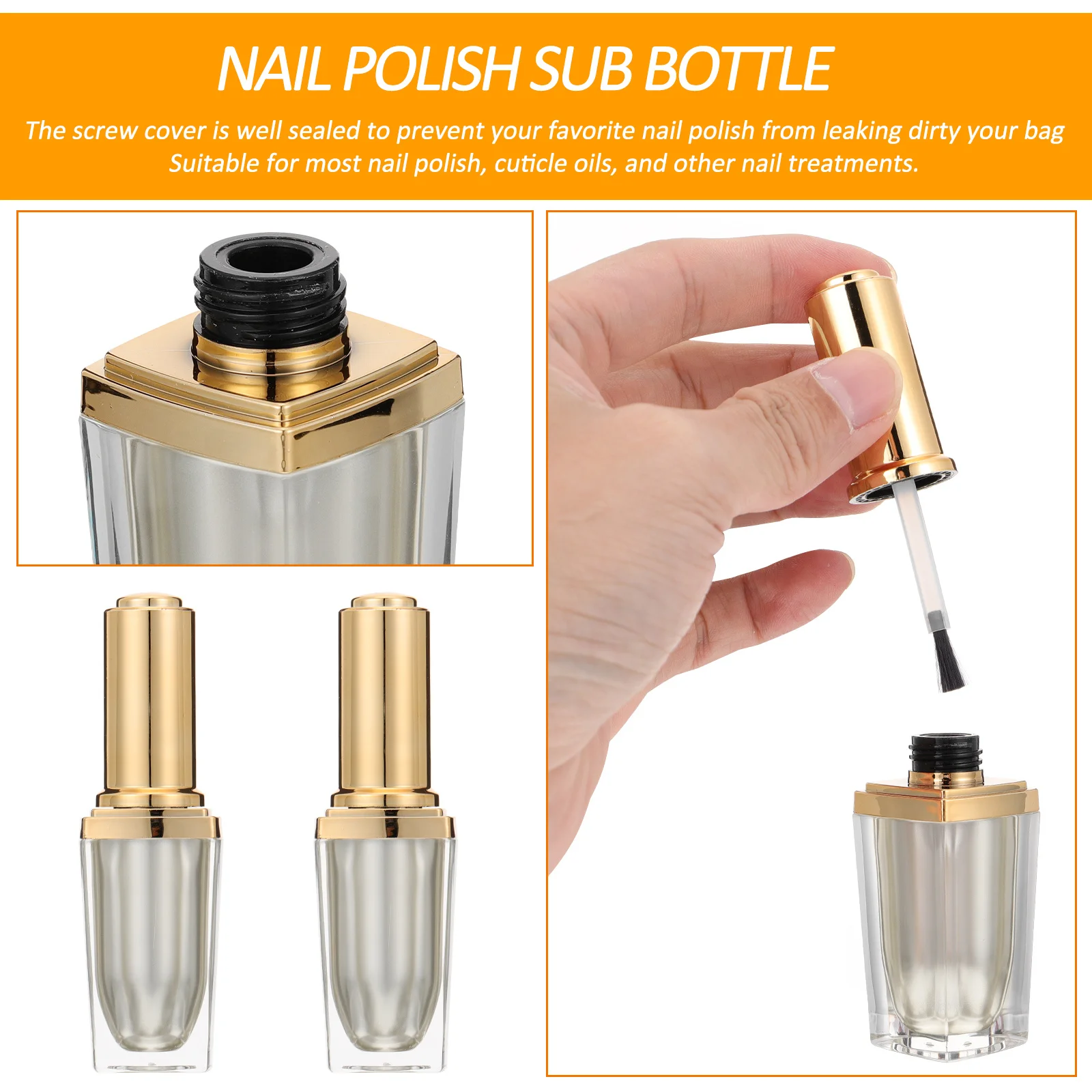 2Pcs Nail Polish Empty Bottle 10ml Clear Glass Airtight Refillable Brush Lid DIY Nail Art Supplies Container Glass Bottles