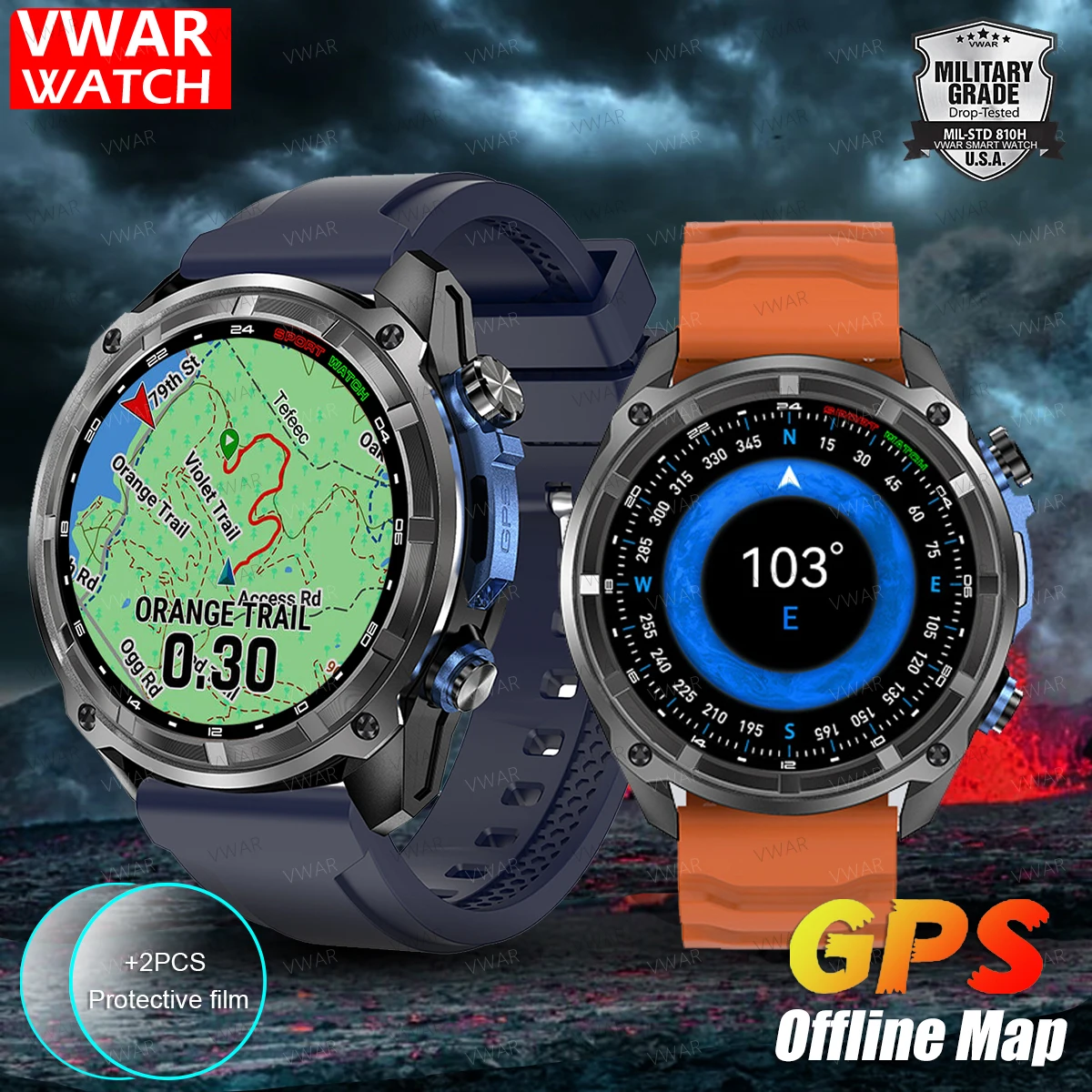 

Военные умные часы VWAR, встроенные GPS-карты, аккумулятор 860 мАч, водонепроницаемые умные часы 5 АТМ, мужские 4 ГБ памяти для Android IOS