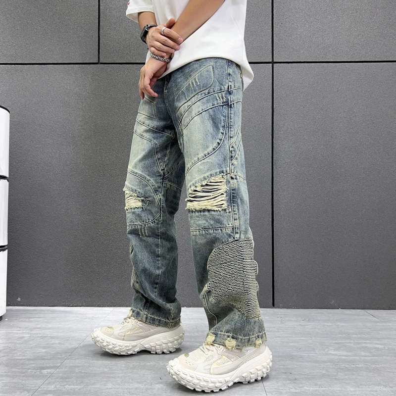 Personalized fashion 3D printing pattern Street beat high-end retro hole men's jeans openwork zipper casual pants wide-legged