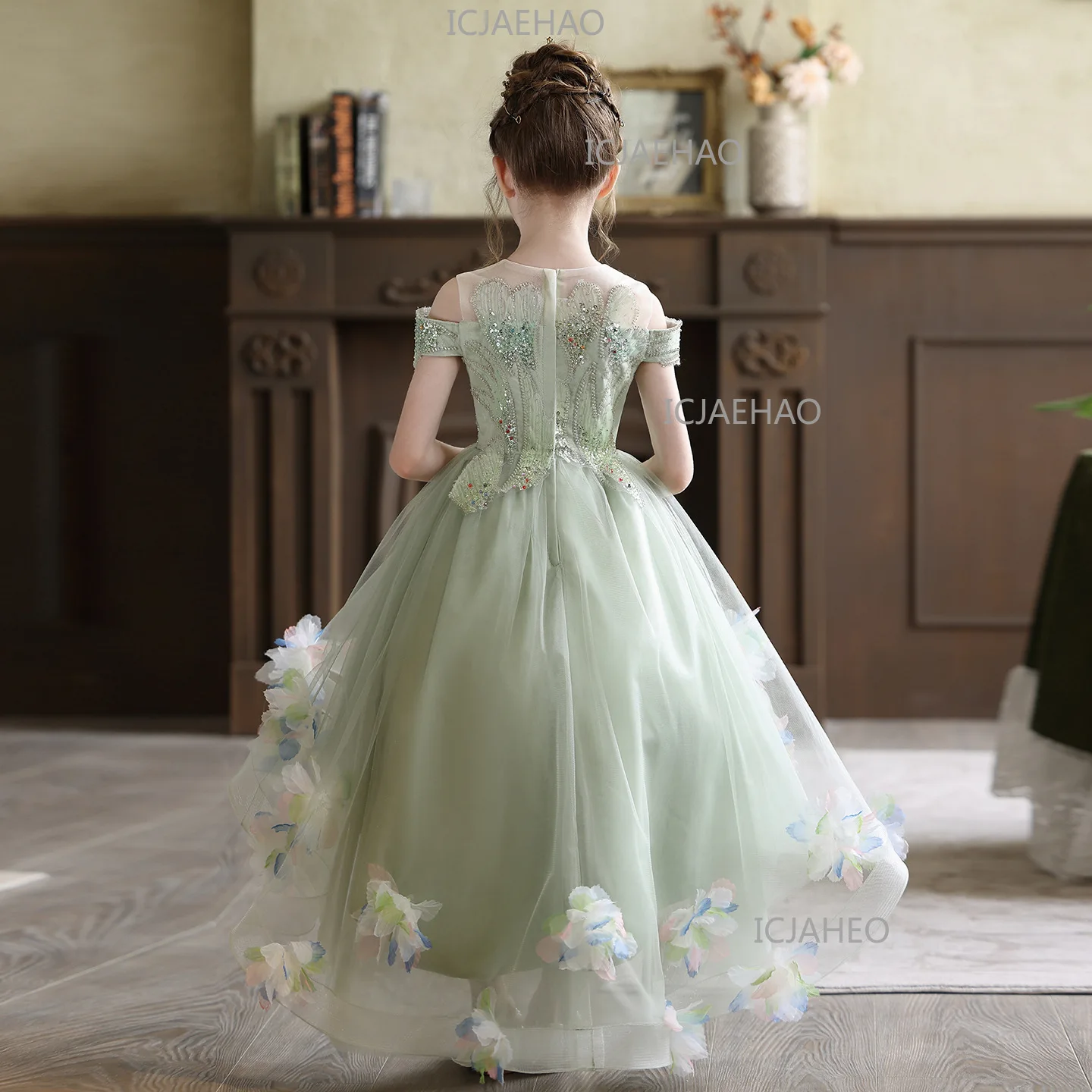 Girls Princess Dress Green 3D Floral Design Formal Gown For Kids Host Piano Performance Outfit  Birthday Party Banquet   Dress
