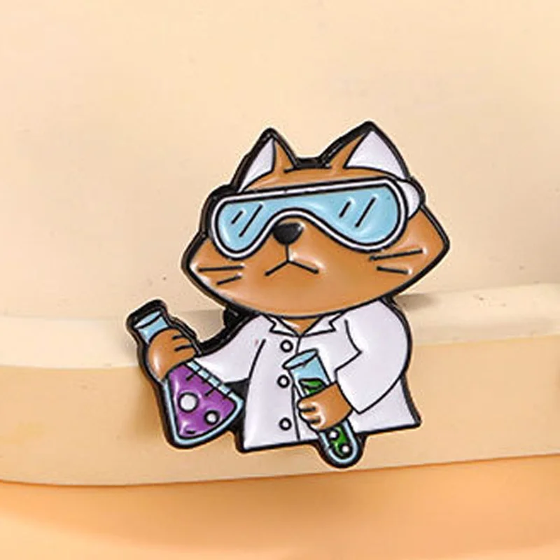 

Cartoon Science Experiment Cat Brooch Animal Chemist Test Tube Fixed Needle Accessory Badge