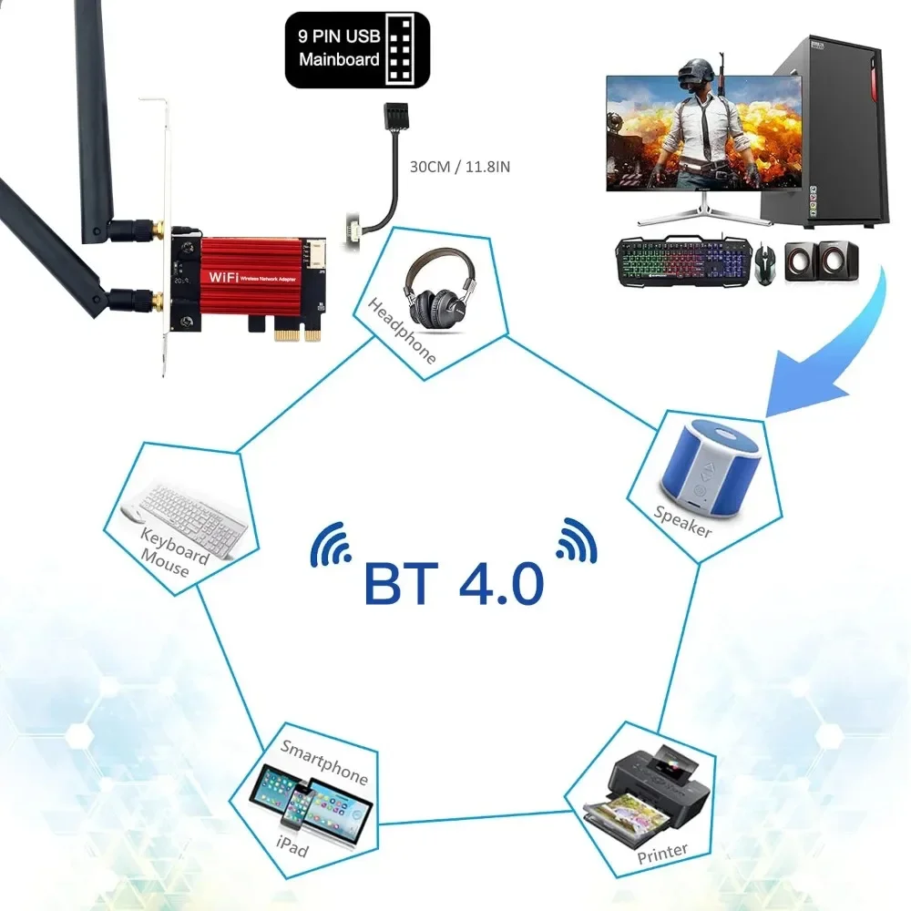 AC1200 WiFi 5 PCIE WiFi 어댑터 무선 네트워크 카드 블루투스 4.0 듀얼 밴드 2.4G/5GHz 802.11AC 데스크탑 Windows 7/8/10/11