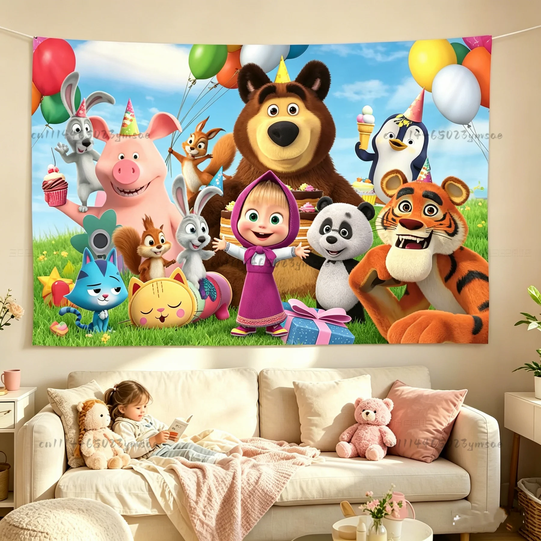 Cute Tapestry Happy M-Mashas and Bear Flag Children Bedroom Wall Hanging Tapestries Birthday Decor Party Background Cloth Banner