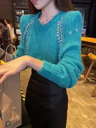 Chic o-collo gilet lavorato a maglia di seta di ghiaccio estate con perline camicia a fondo sottile t-Shirt senza maniche di cristallo di paillettes perle canotte in maglieria