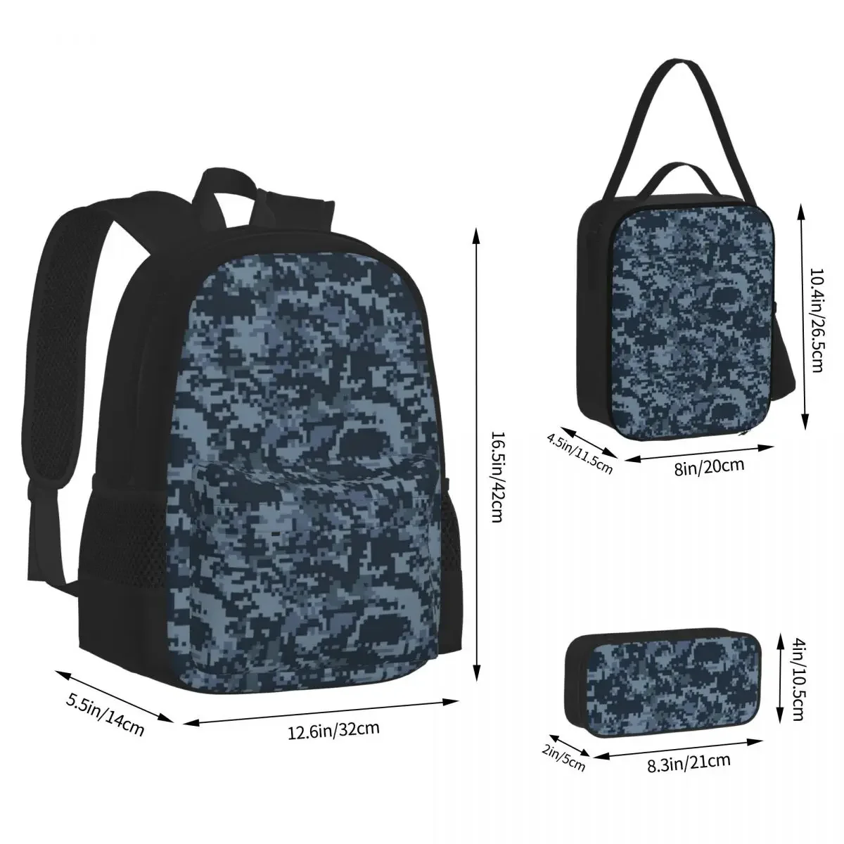 Navy Blue 2 Digital Military Camouflage Backpack Bookbag Students School Bags Kids Rucksack Lunch Bag Pen Bag Three-Piece Set