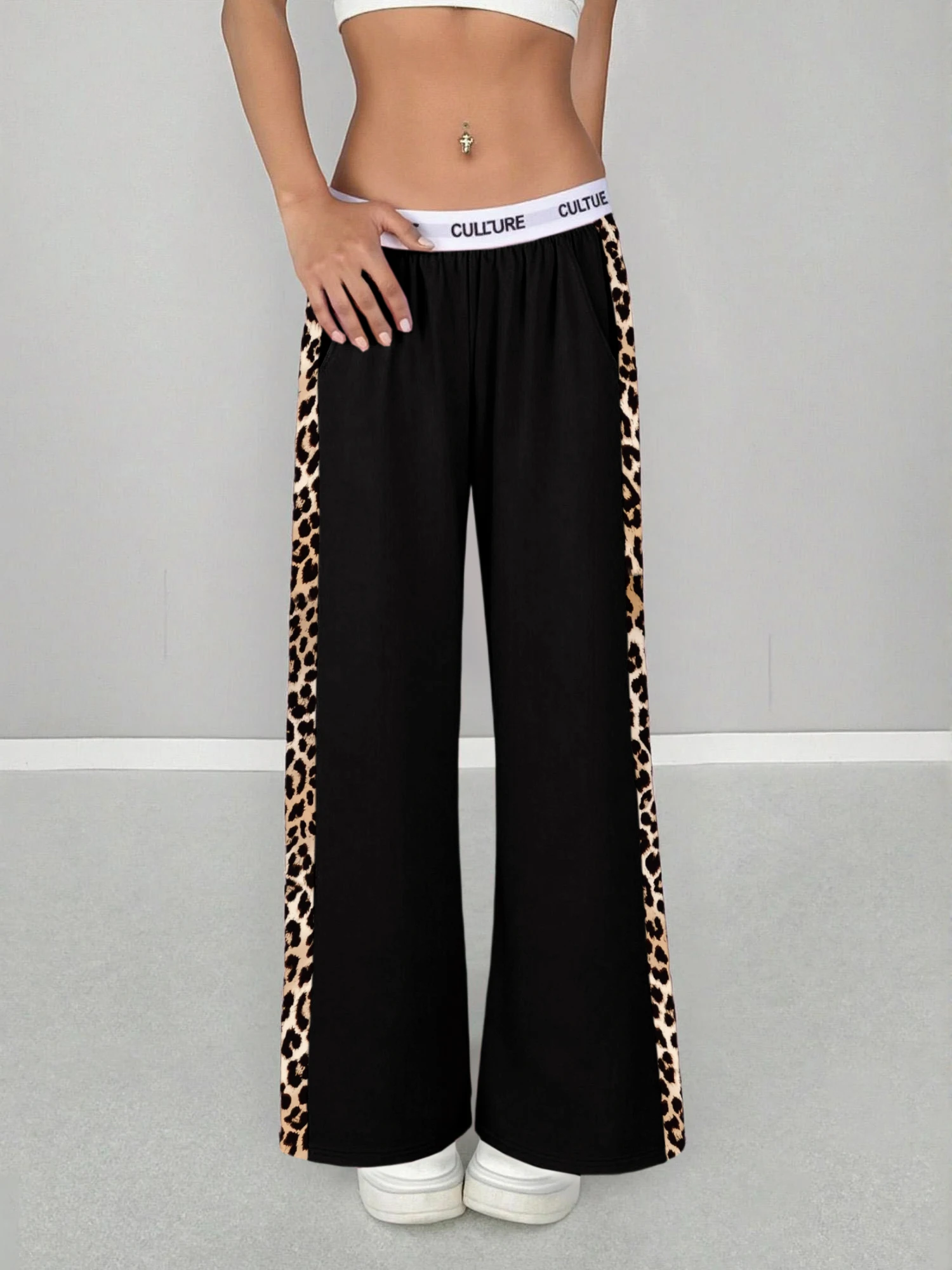 2026 Neu Heißer Verkauf Damen Leopardenmuster Seitenstreifen Weite Hose Lässige High-Waist Hose mit Schriftzug-Bund Lockerer Streetwear-Stil – Detail 7