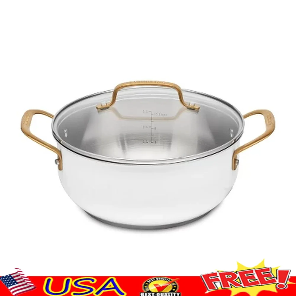 

Classic 4.5qt Stainless Steel Dutch Oven with Glass Lid Brushed Gold Handles Dishwasher Oven Safe Induction Ready Cooking Pot