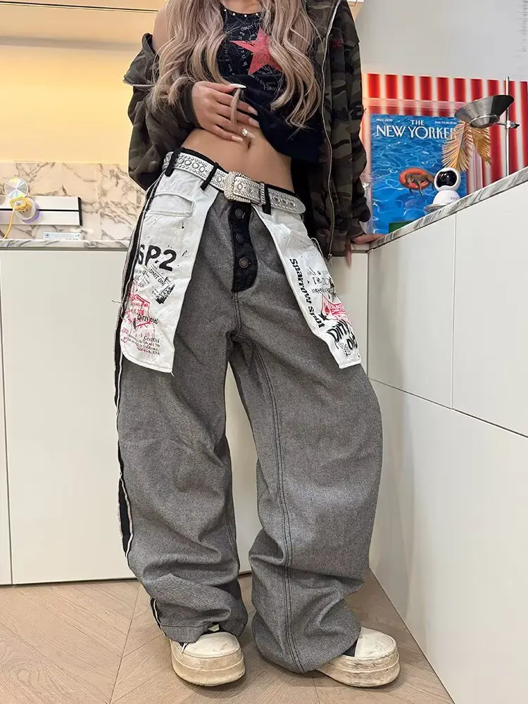 

Осень-зима 202, женские джинсовые брюки Y2K, джинсы с низкой посадкой, Harajuku GoblinCowboy, японские широкие мешковатые брюки в стиле гранж
