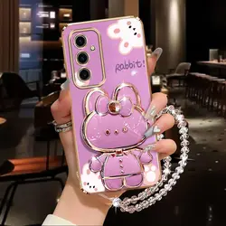 Diamond Wrist Strap Makeup Mirror Rabbit Phone Holder Case On For Samsung Galaxy S24 S20 S21 S22 S23 Ultra Plus FE Stand Cover