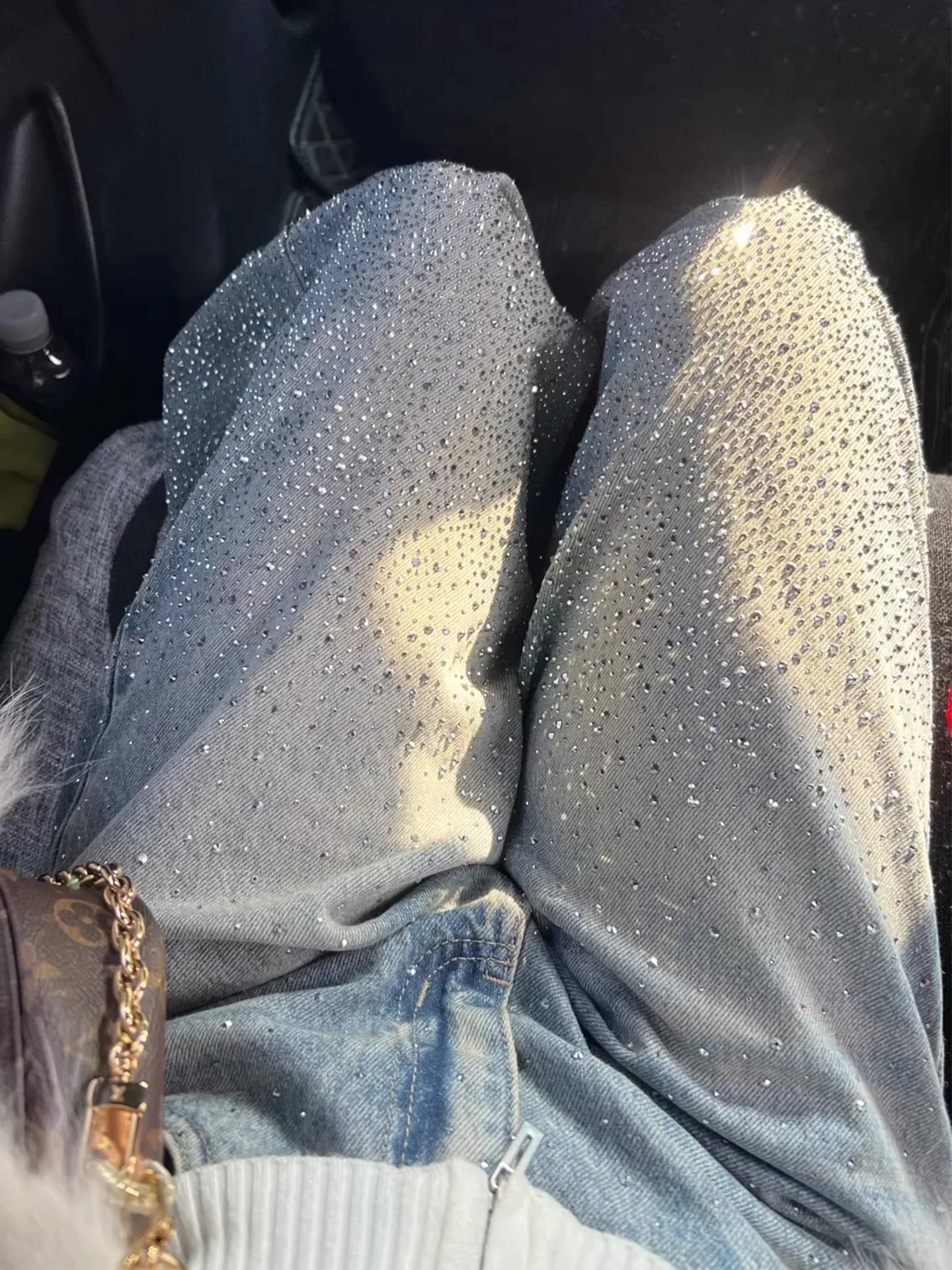 

Shiny Diamond Embellished Fleece Lined Wide Leg Jeans Women's plus Size Pear Shaped Casual High Waist Zipper Straight Cut Pants
