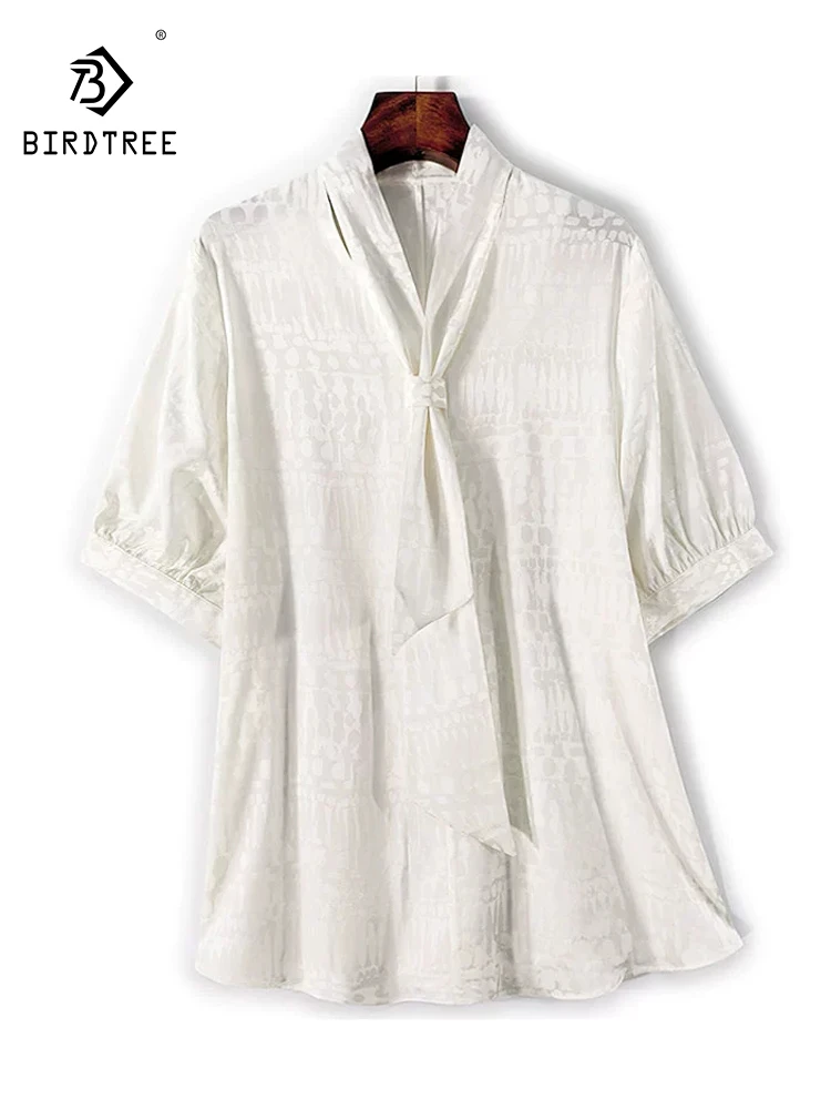 

BirdTree-Silk Elegant T-Shirt, Women V Neck Short Sleeve Bow, Versatile Simplicity Preppy Style Loose Top, 2025 Summer T57059CC
