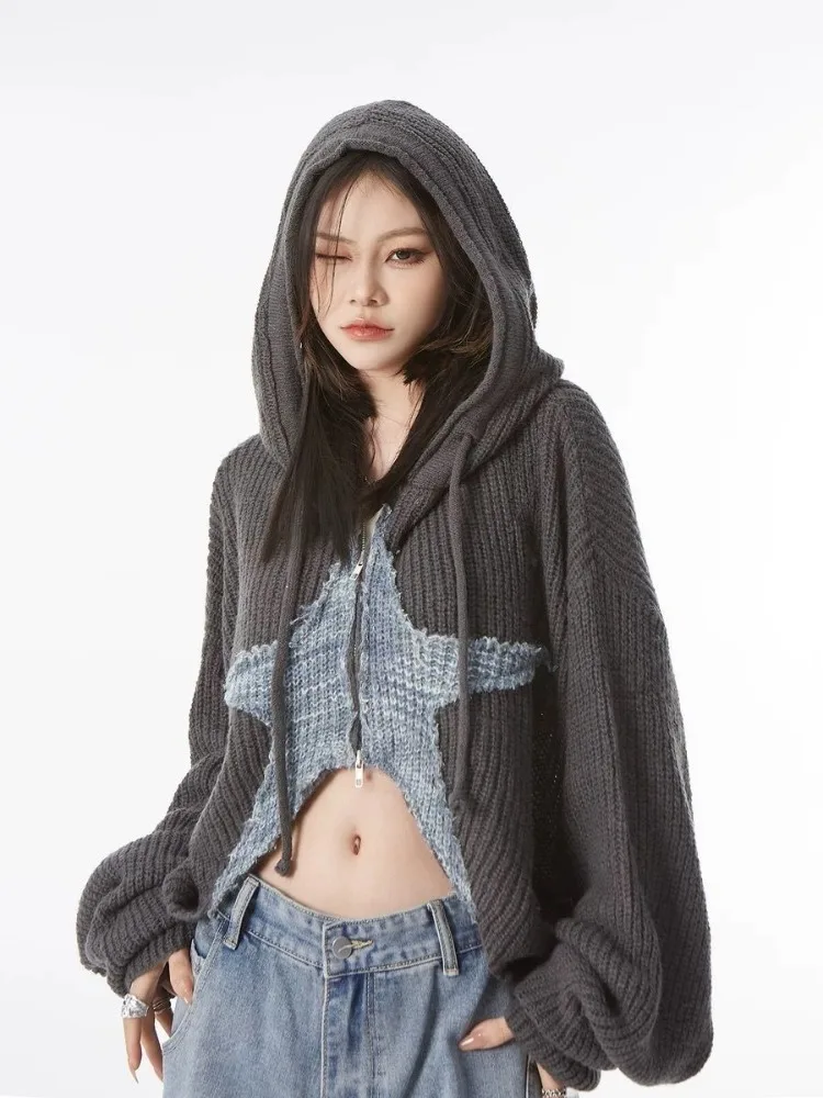 Hikigawa Chic Fashion American Short Zipper Cardigan Spring Y2k Top Hooded Knitted Star Coats Streetwear Outerwear Mujer