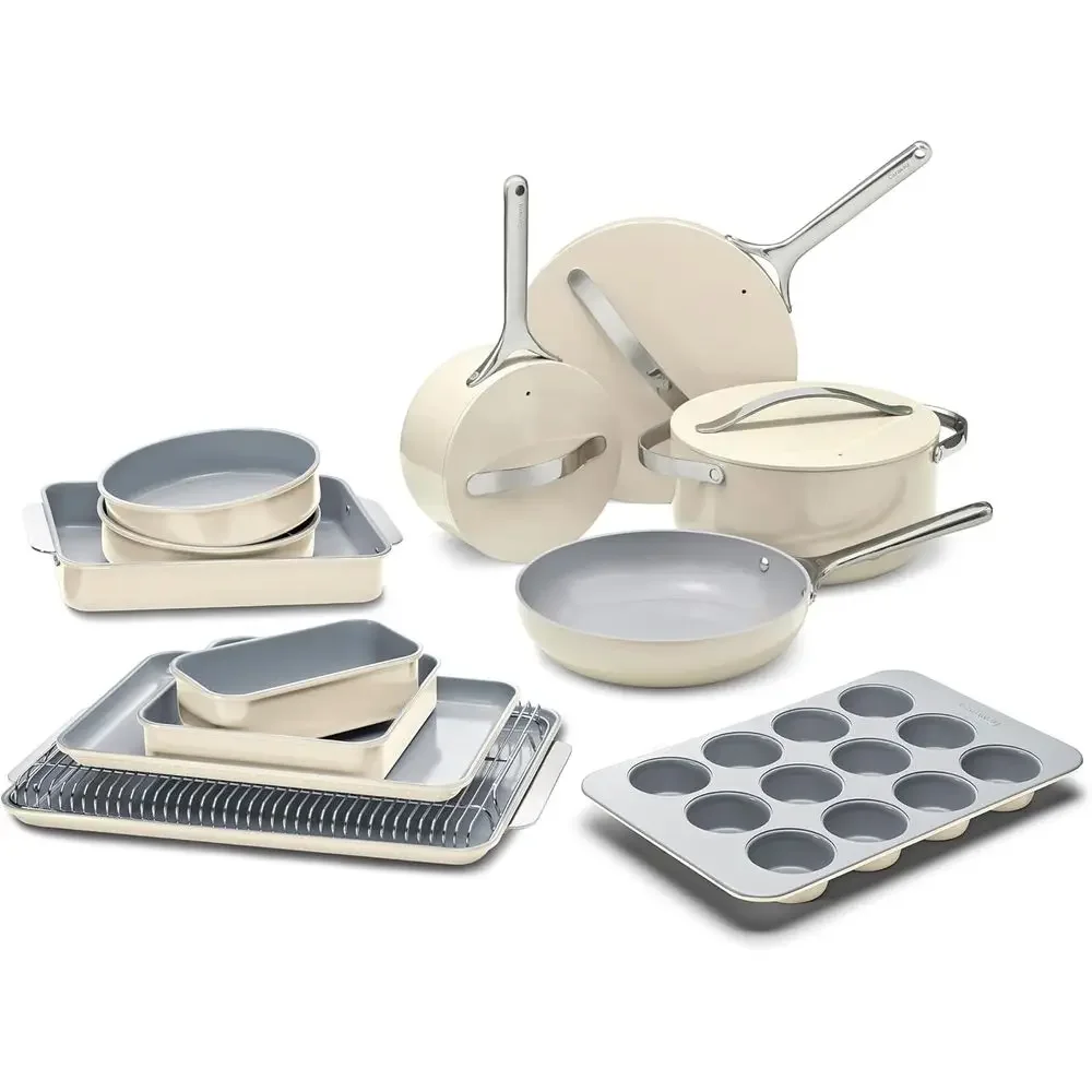 

Ceramic Nonstick 23-Piece Cookware Set: Pans, Pots, Baking Sheets, Racks, Storage - Oven Safe, All Stovetops, Cream
