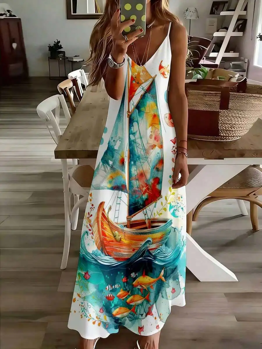 

Colorful Sailboat Print Sleeveless Maxi Dress With Fish Ocean Design For Beach Vacation Summer Casual Wear