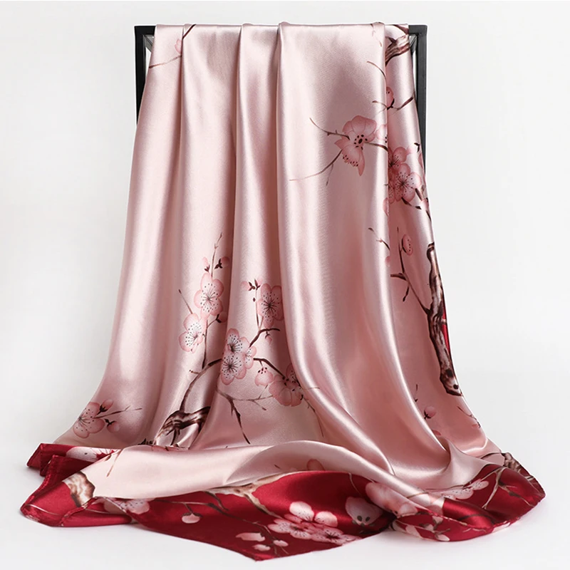 90*90cm Silk Scarves Women Print Foulard Satin Square Head Hijab Ladies Luxury Brand Shawl Bandanna Female Muffler chiffen wrap