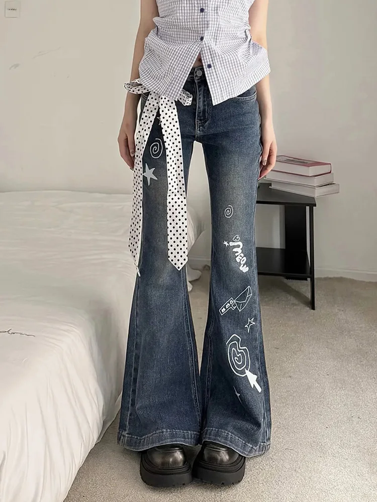 Cartoon Graffiti Jeans Women Slim Fit Y2K Streetwear Hottie Bootcut Jeans Summer Polka Dots Bandage Vintage All Match Pants New