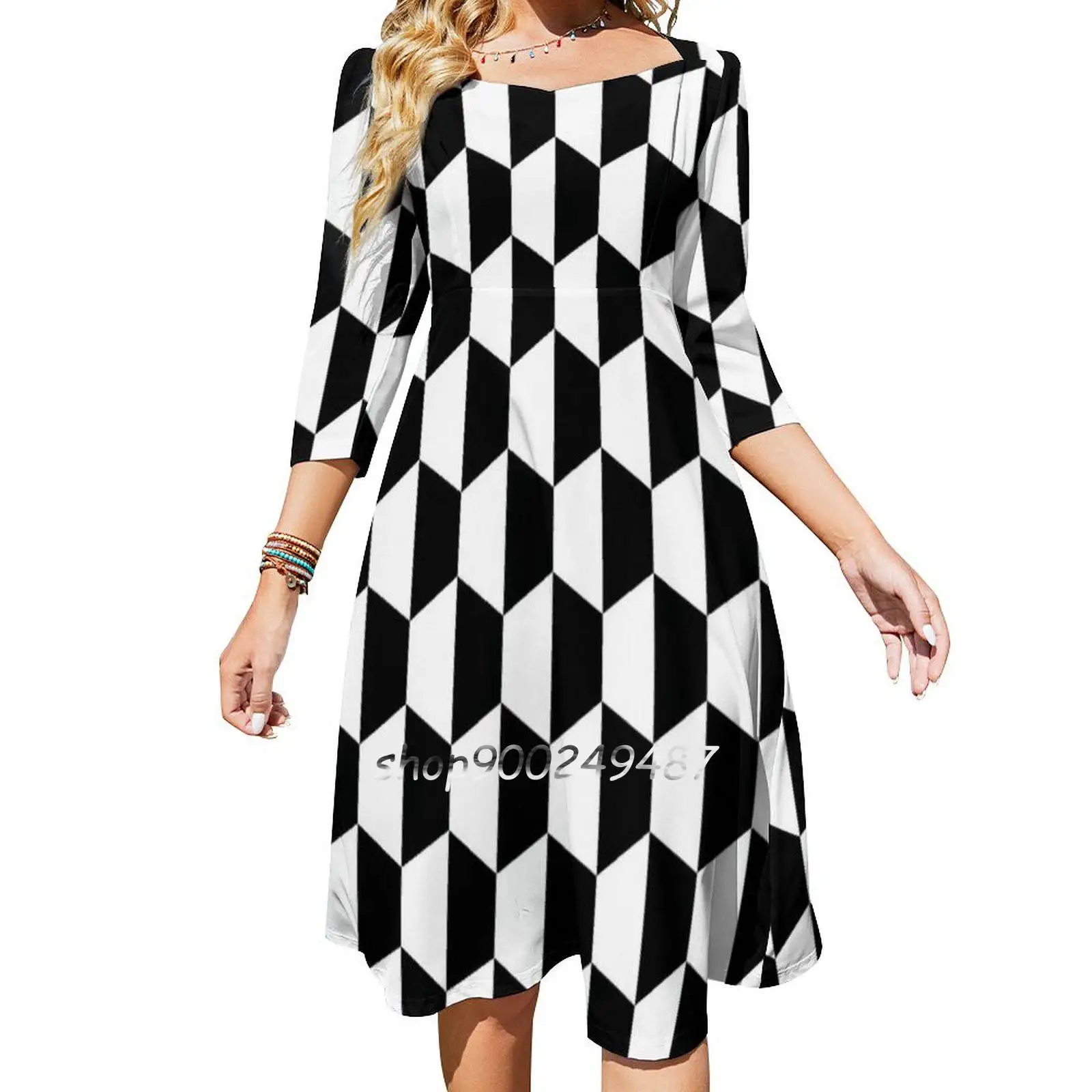 Black And White Hexagons Square Neck Dress New Plus Size Elegant Women Waist Tight Dress Checkered Honeycomb Hexagon Hexagonal