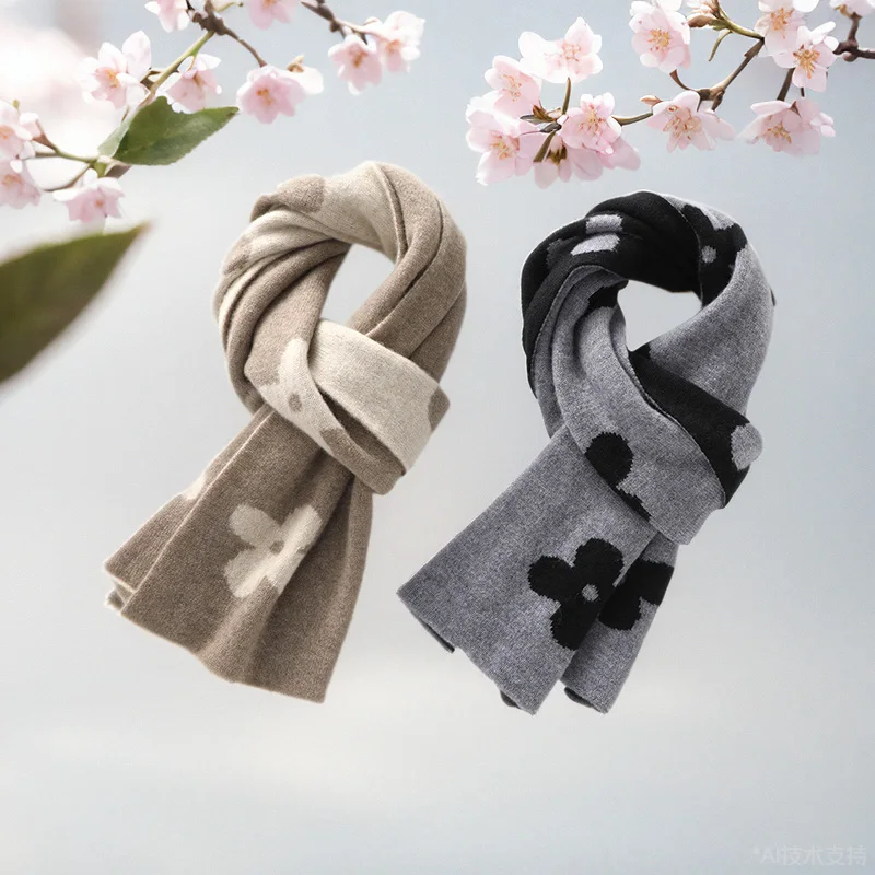 Men and Women's 100% Pure Cashmere Knitted Scarf, Floral, Thickened, Double Layers, Keep Warm, Unisex, Spring, Autumn and Winter