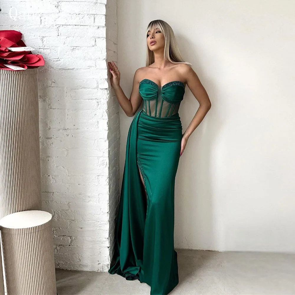 

Qanz Dark Green Sexy Prom Dresses High Slit Mermaid Satin Long Evening Dresses Open Back Sweetheart Birthday Dresses Luxury 2024