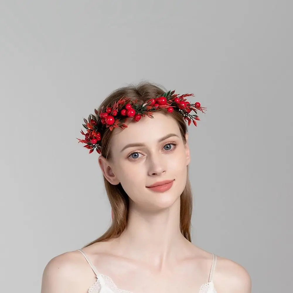 Hairband New Year Decoration Rose Flower For Girls Wreath Decoration Women Headwear Red Berry Garland Crown Flower Headband