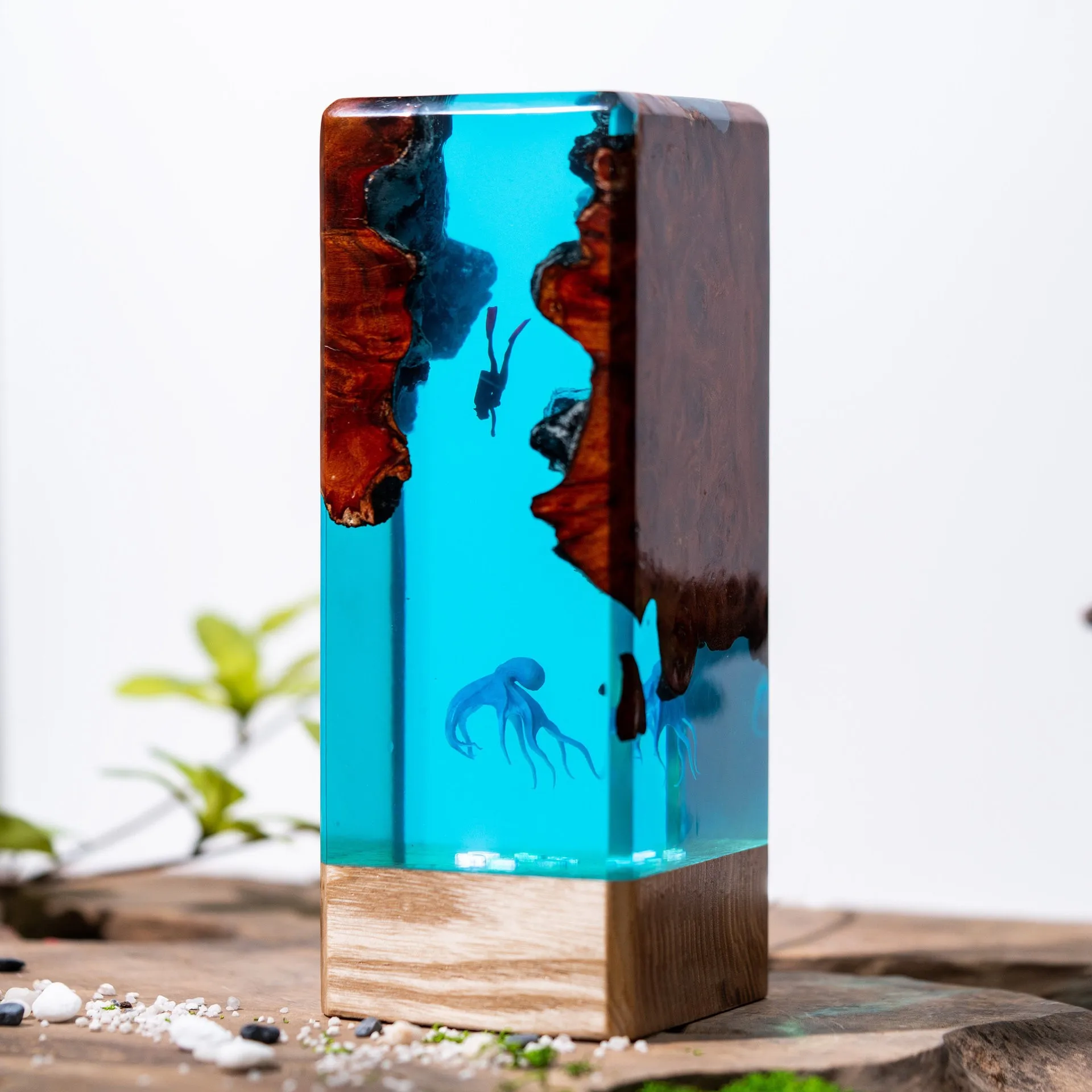 

Scuba Diver Octopus Resin Wood Lamp Sculpture Set Personalized Home Decoration Item for Deep-sea Exploration Gift Idea
