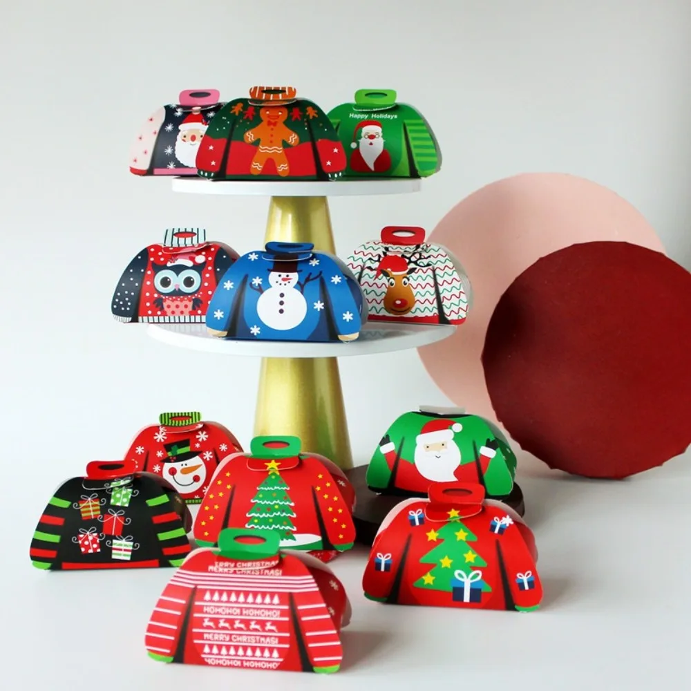 24PCS Sweater Shape Christmas Candy Box Snowman Paper Xmas Cracker Wrapping Case Small Santa Tree Print Gift Packaging Box