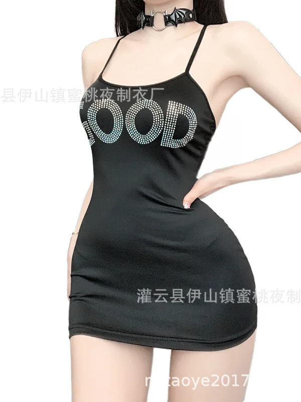 다이아몬드 섹시한 얇은 명주 그물 스트랩 드레스 클럽 성능 열정적 인 짧은 여성 여름 파티 투명한 유혹 새로운 백리스 BCL0