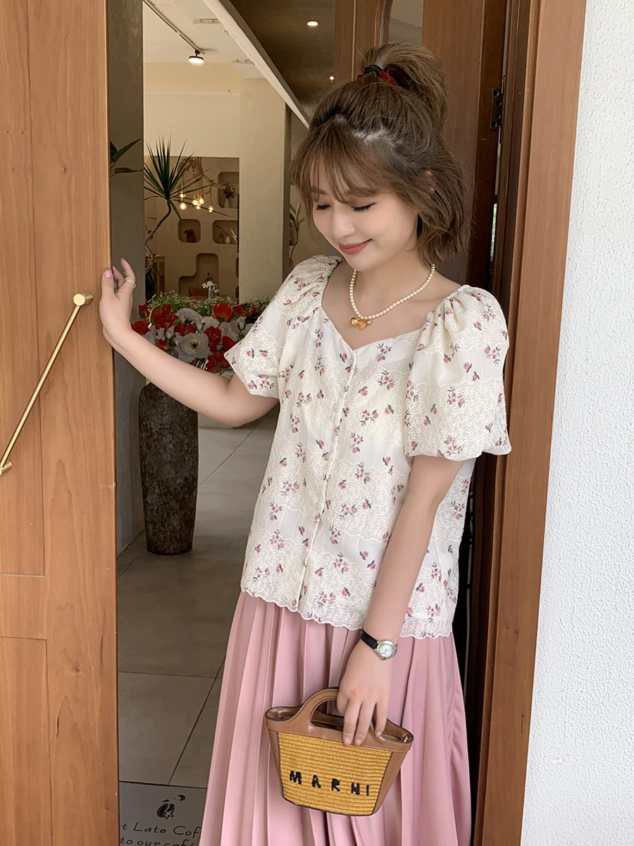 

Женский летний топ Xuanxuan с квадратным вырезом, короткими рукавами-фонариками и цветочным принтом, элегантный, для повседневной носки